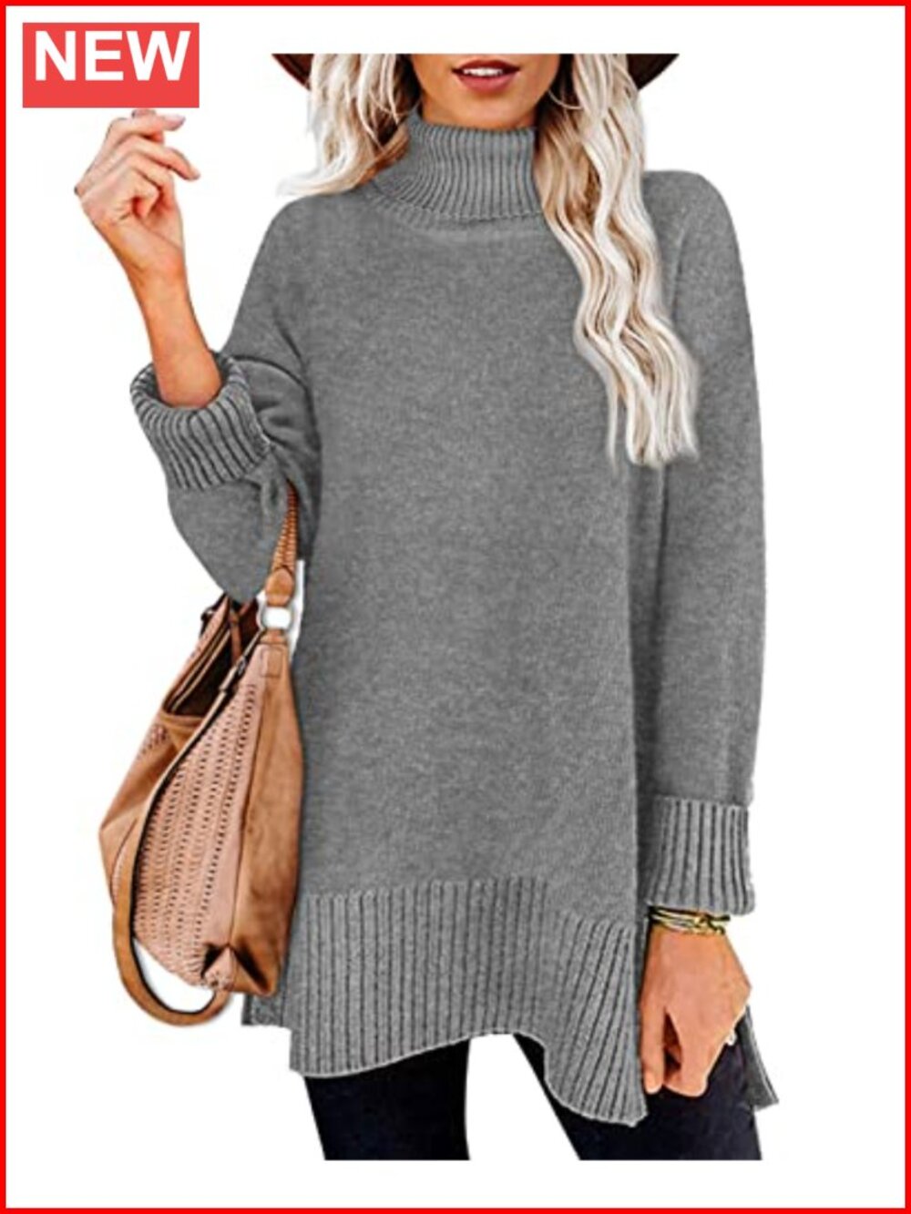 Turtleneck Side Split Oversized Tunic Pullover Sweater